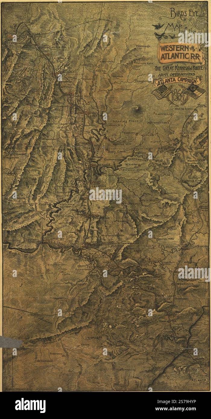 Carte à vol d'oiseau de l'Ouest et de l'Atlantique, la grande route de Kennesaw ; opérations de l'armée, campagne d'Atlanta, 1864. 1887 par Fleming Brewster & Alley., Western and Atlantic Railroad Company. Banque D'Images Carte à vol d'oiseau de l'Ouest et de l'Atlantique, la grande route de Kennesaw ; opérations de l'armée, campagne d'Atlanta, 1864. 1887 par Fleming Brewster & Alley., Western and Atlantic Railroad Company. Banque D'Images