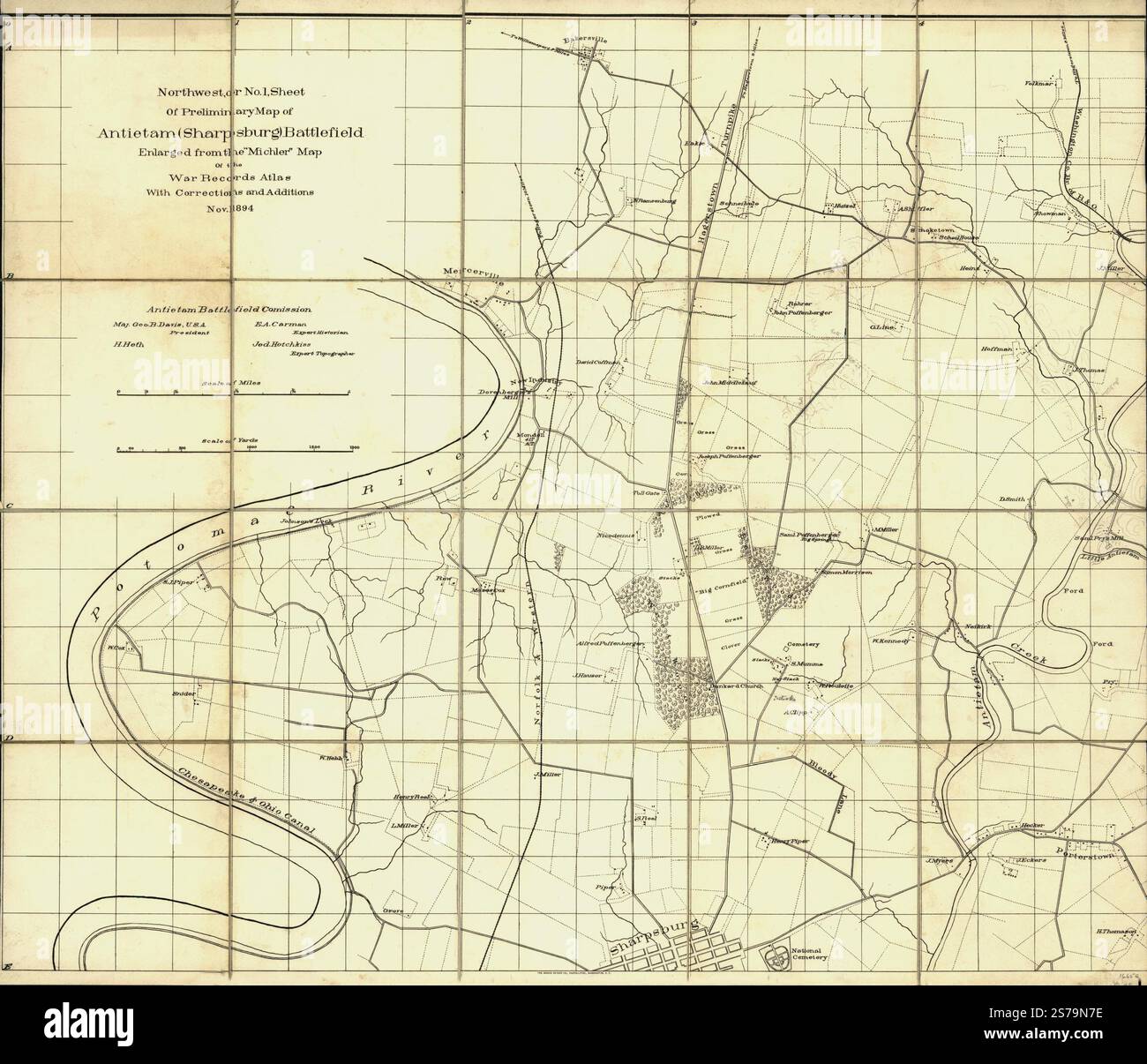 Nord-Ouest, ou non. 1, feuille de la carte préliminaire du champ de bataille d'Antietam (Sharpsburg). Agrandie à partir de la carte de Michler de l'atlas des archives de guerre avec corrections et ajouts 1894 par Antietam Battlefield Board. Banque D'Images