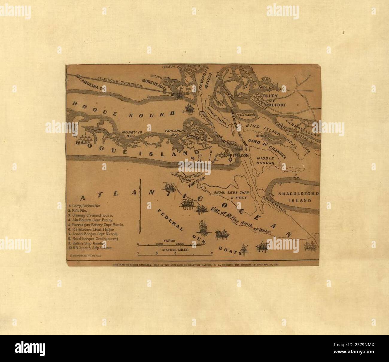 La guerre en Caroline du Nord. Carte de l'entrée du port de Beaufort, en Caroline du Nord montrant la position du fort Macon, etc. 1861 par Colton G. Woolworth (George Woolworth) Banque D'Images
