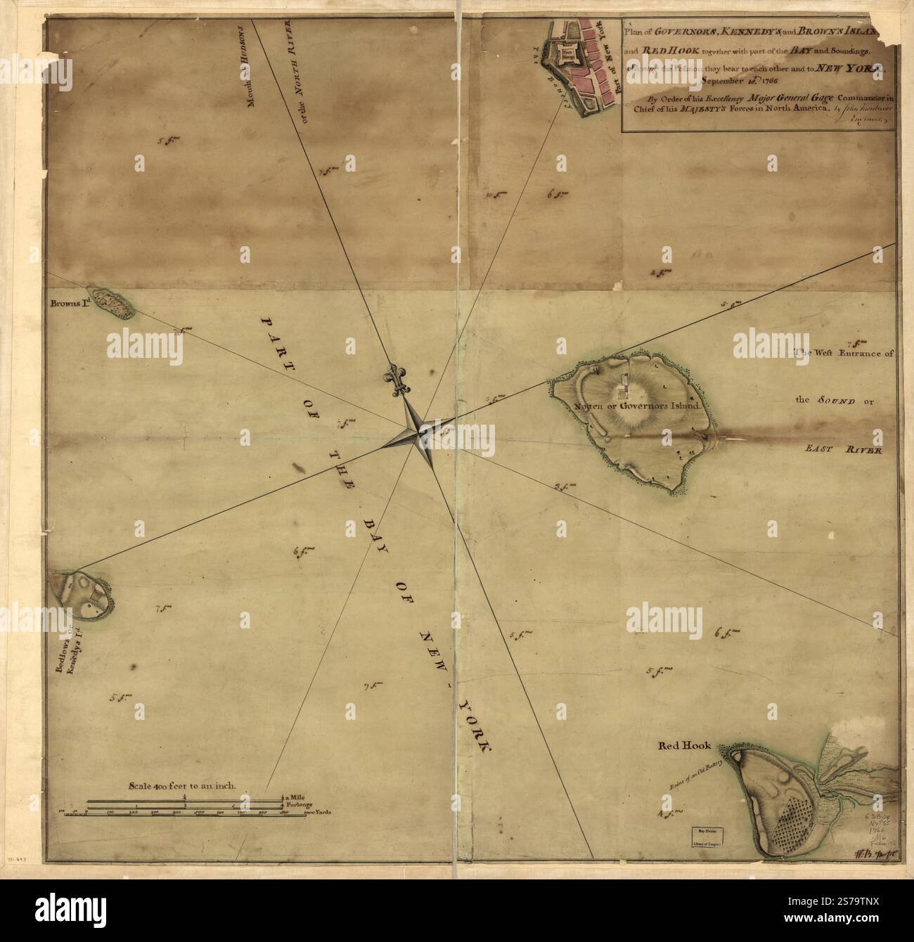 Plan de Governor's, Kennedy's, et Brown's Islan[ds] et Red Hook ainsi qu'une partie de la baie et des sondages, projetant la position qu'ils portent les uns aux autres et à New York, le 18 septembre. 1766. Par ordre de son Excellence le major-général Gage, commandant en chef des forces de sa Majesté en Amérique du Nord. 1766 par Montrésor John, porter William B. Banque D'Images