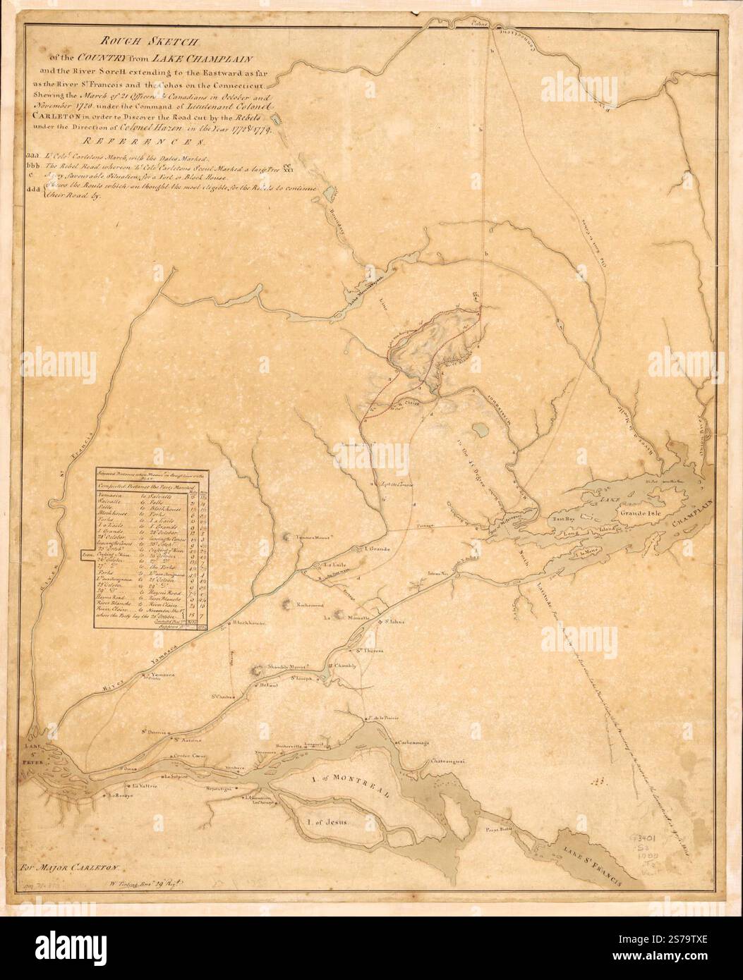 Croquis du pays depuis le lac Champlain et la rivière Sorell s'étendant vers l'est jusqu'à la rivière reliant François et les Cohos sur le Connecticut, laissant la marche de 21 officiers et Canadiens en octobre et novembre 1780 sous le commandement du lieutenant-colonel Carleton, afin de découvrir la route coupée par les rebelles sous la direction du colonel Hazen 1778 & 1779. 1780 par Tinling William., Carleton Thomas Banque D'Images