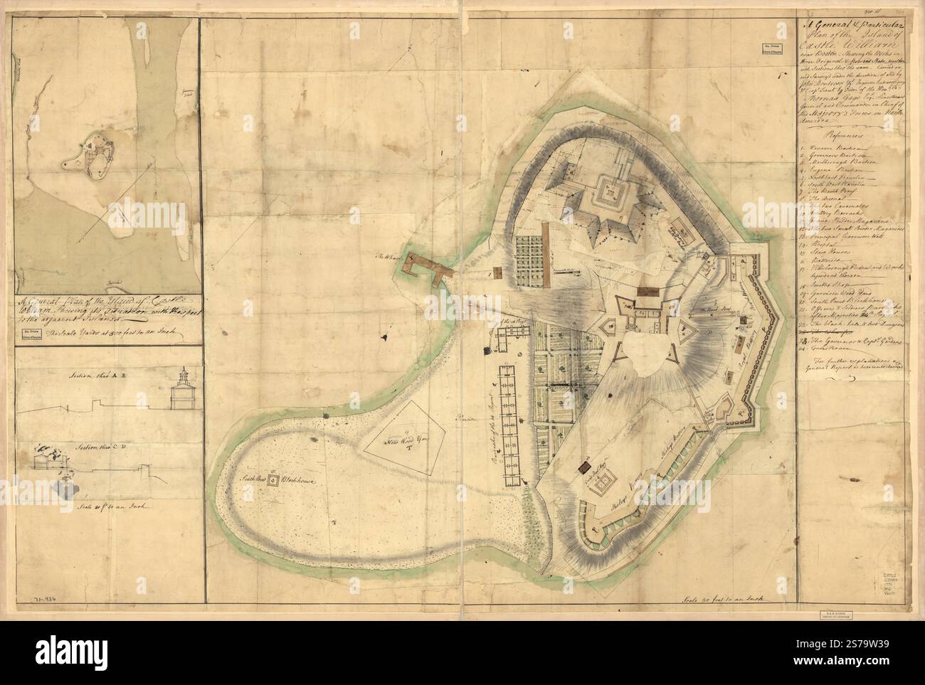 Un plan général et particulier de l'île de Castle William près de Boston, jetant les œuvres dans leur état original et présent, ainsi que des sections thro' le même. Mené et levé sous la direction et par John Montrésor, Esqr., ingénieur extraordinaire et Capt. Lieut. Par ordre de l'honneur : Thomas Gage, Esqr., lieutenant-général et commandant en chef des forces de sa Majesté en Amérique du Nord. 1771 par Montrésor John Banque D'Images