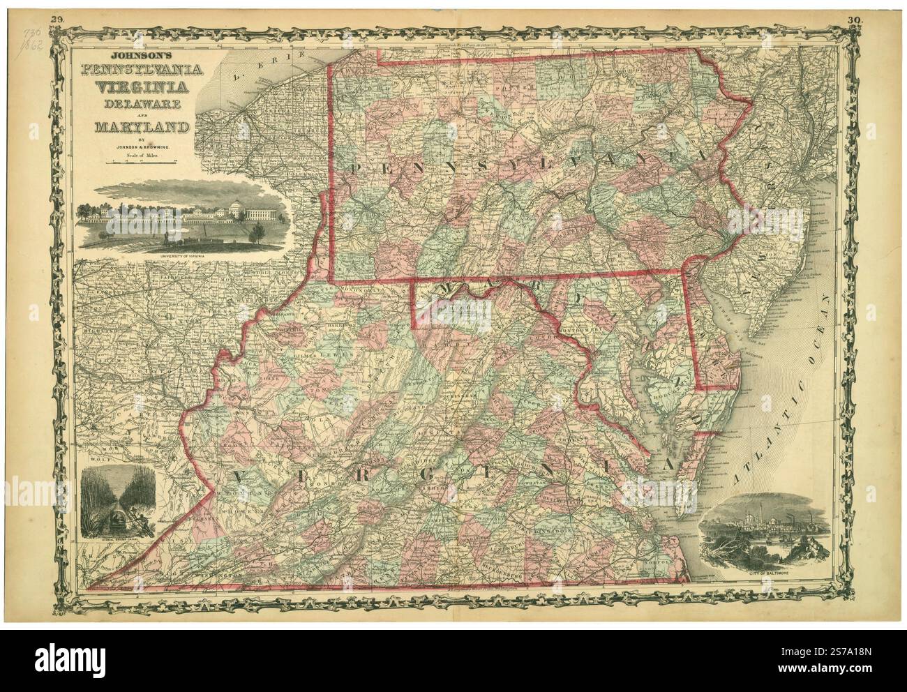 Johnson's Pennsylvania, Virginia, Delaware et Maryland 1862 par Johnson & Browning. Banque D'Images