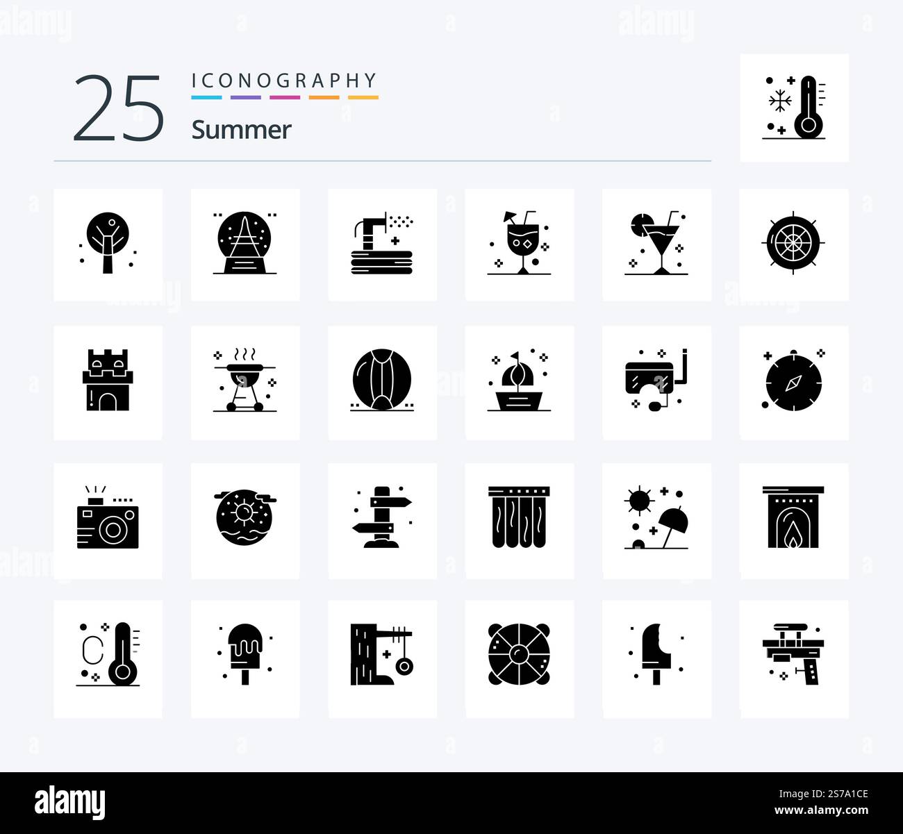 Pack d'icônes Glyph plein été 25, y compris nautique. boisson. herbe. cocktail. plage Illustration de Vecteur