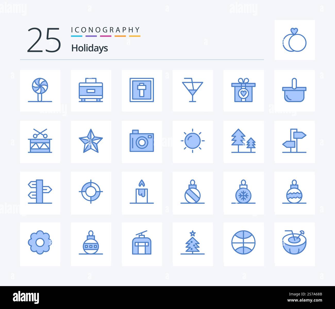 Pack d'icônes de couleur bleue des fêtes 25 avec cadeau. cadeau. pâques. fête. verre Illustration de Vecteur