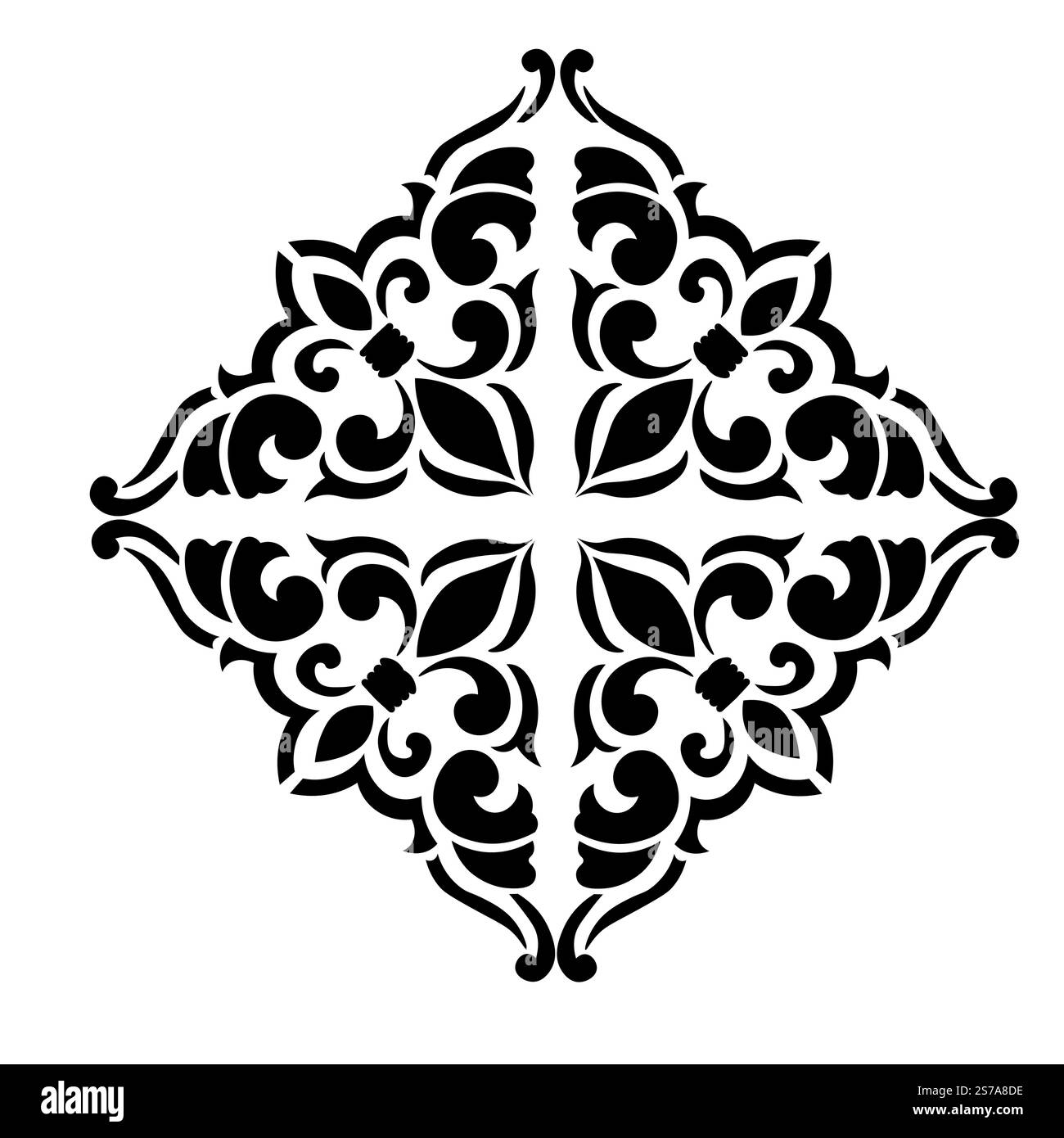 Motif floral Un élément de motif floral noir et blanc classique avec des feuilles élégantes et courbées et des détails complexes. Ornemental parfait pour une utilisation Illustration de Vecteur