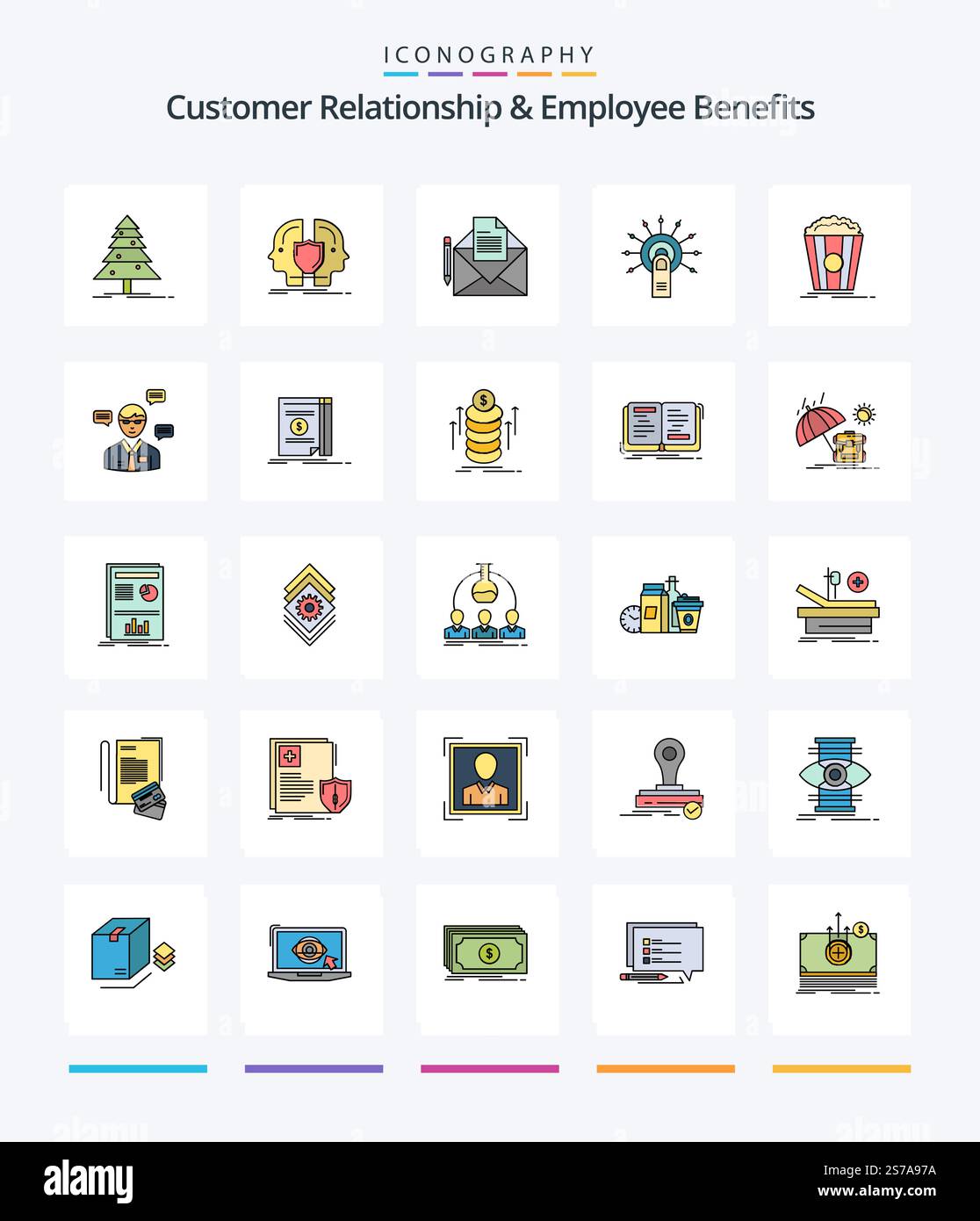 Creative Customer Relationship and Employee Benefits 25 Pack d'icônes rempli par ligne, comme la touche ici. ok. shaild. cliquez sur. lettre Illustration de Vecteur