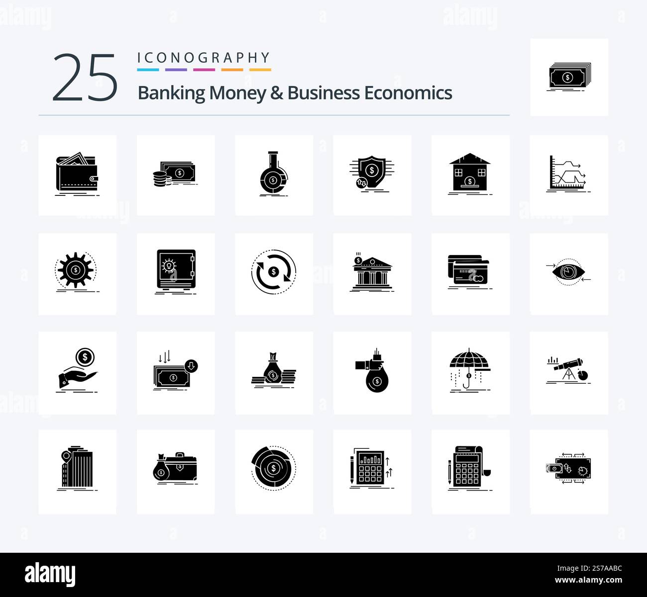 Banking Money and Business Economics 25 Pack d'icônes Solid Glyph avec Secure. financier. argent. finances. entreprise Illustration de Vecteur