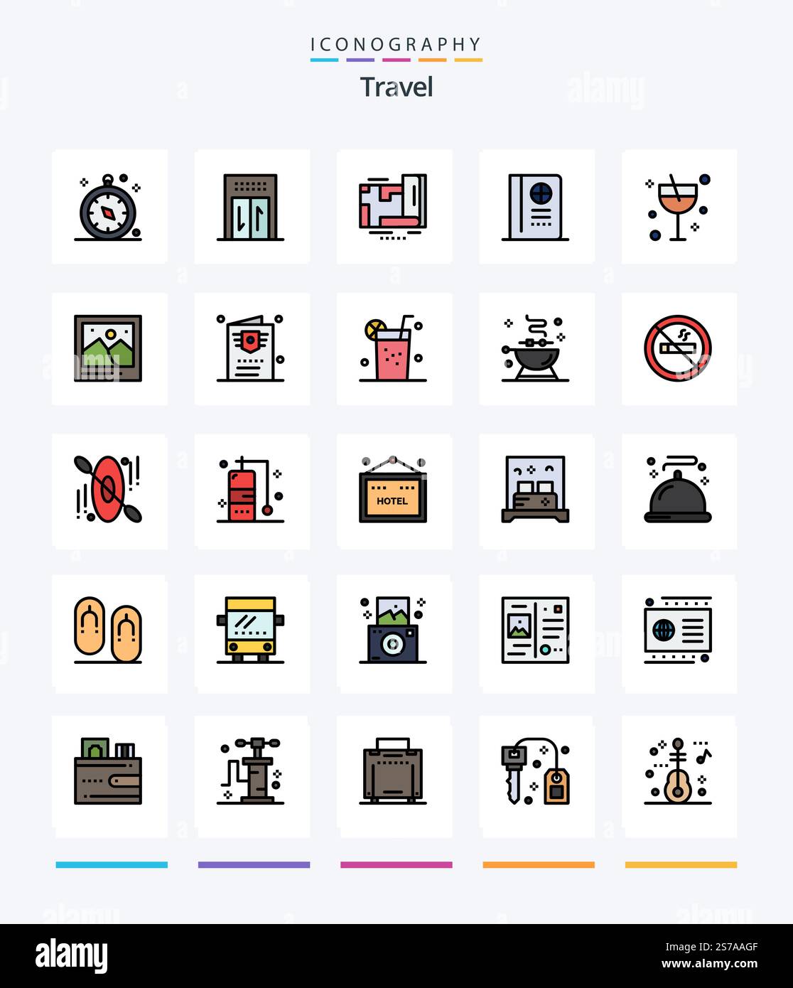 Pack d'icônes Creative Travel 25 Line plein comme l'été. cocktail. emplacement. alcool. déplacement Illustration de Vecteur
