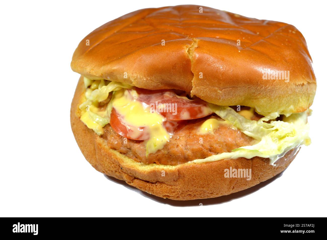 Hamburger de poulet au fromage dans un petit pain rond avec hamburger de poulet frit, dinde fumée, laitue, tomate, grande sauce savoureuse et fromage cheddar, sandwich burger wi Banque D'Images