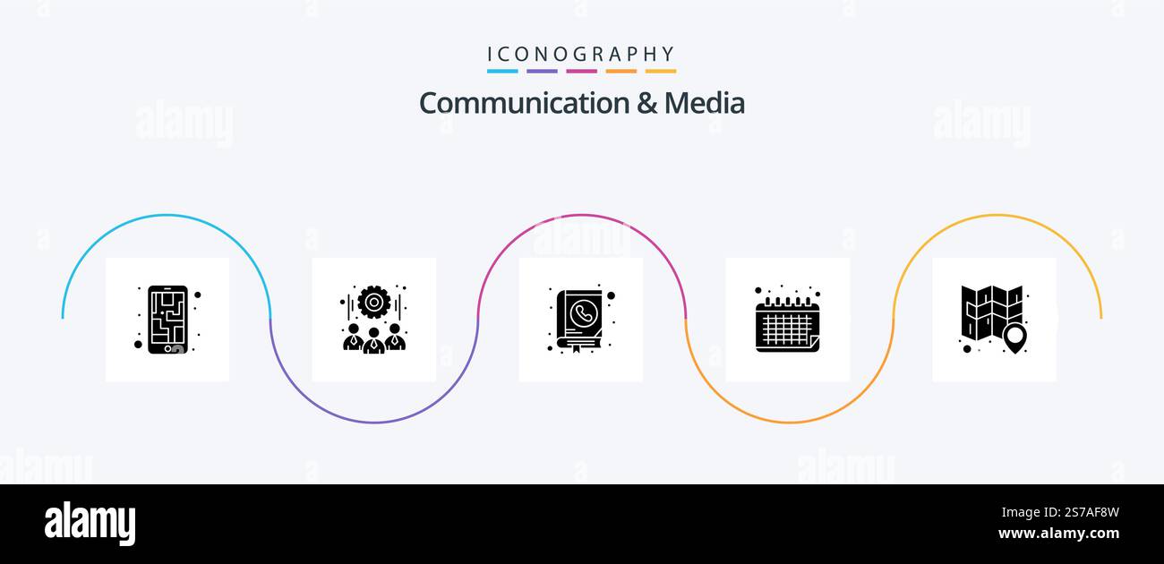 Communication et média Glyph 5 Icon Pack incluant l'emplacement. événement. adresse. date. adresse Illustration de Vecteur