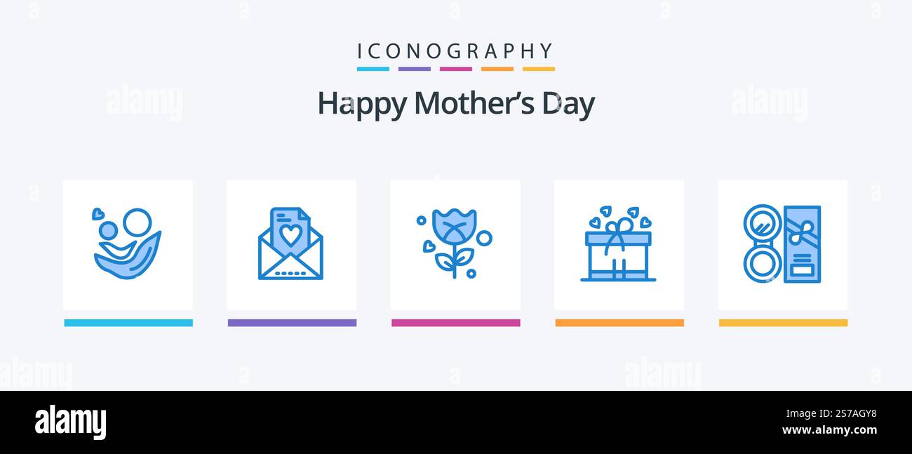 Lot de 5 icônes bleu « Happy Mothers Day » avec marque. beauté. fleur. faites le maquillage. ruban de boîte. Création d'icônes créatives Illustration de Vecteur