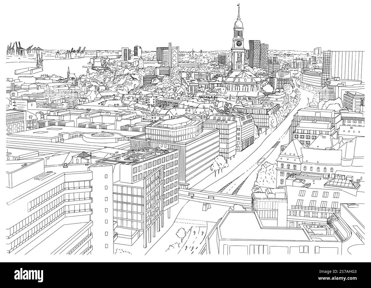 Illustration vectorielle détaillée de l'horizon de Hambourg avec l'église Saint-Michel et le port emblématique. Idéal pour les projets de voyage, éditoriaux ou de design showc Illustration de Vecteur