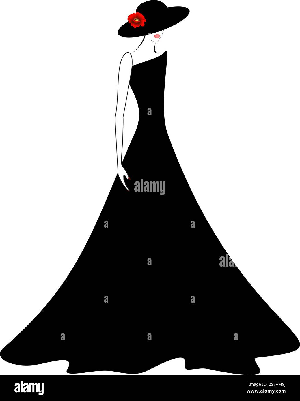 Femme en robe noire et chapeau. Illustration de Vecteur