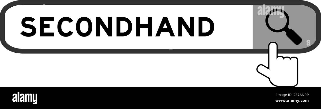 Bannière de recherche dans le mot seconde main avec l'icône de loupe de main sur fond blanc Illustration de Vecteur
