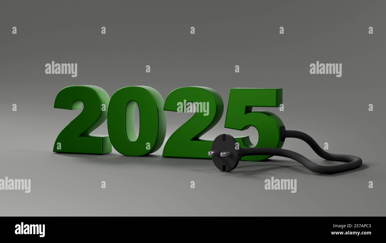 Modèle 3D vert de 2025 avec fil et prise électrique sur fond sombre, électricité et appareils électriques en nouvelle année 2025 Banque D'Images