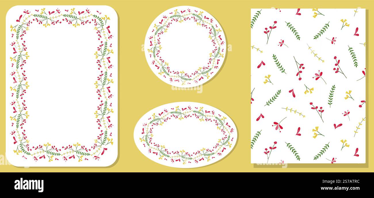 Cadres floraux et motif sans couture. Ensemble de modèle floral pour affiche, carte, couverture, papier peint, étiquette, tag dans le style moderne et modèles de conception d'été wit Illustration de Vecteur