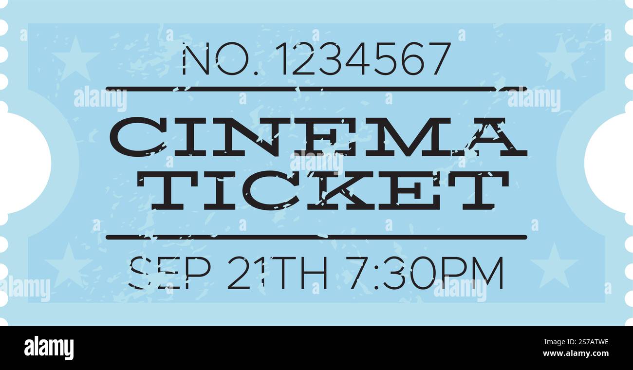 Billet de cinéma bleu clair avec l'heure et le numéro imprimés dessus, pour un spectacle de cinéma le 21 septembre à 19h30, avec un côté arraché et deux étoiles sur eac Illustration de Vecteur