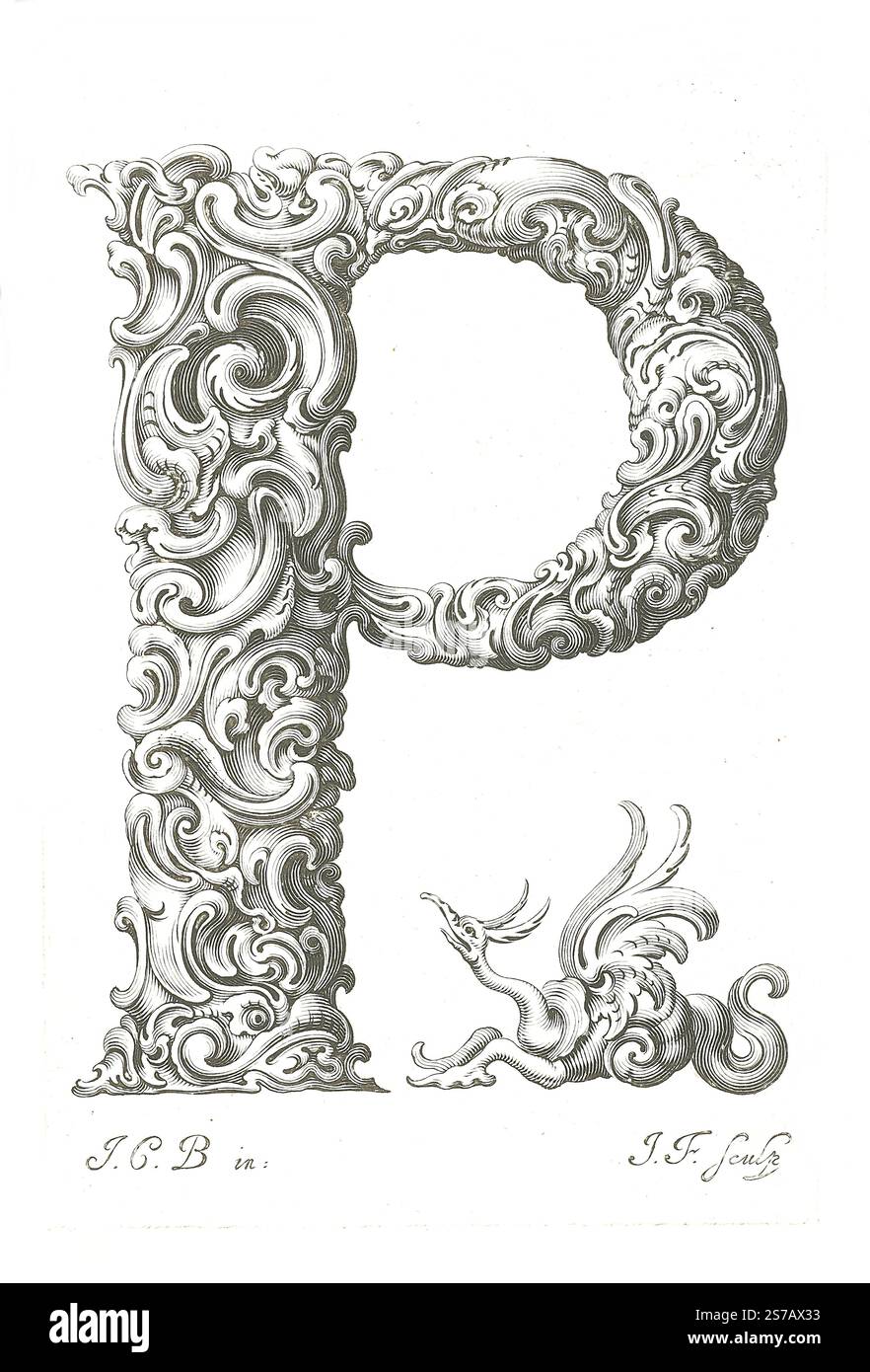 Impression lithographique. Lettre P - graveur Jeremias Falck, d'après Johann Christian Bierpfaf, c.1645-50. Libellus Novus Elementorum Latinorum Banque D'Images