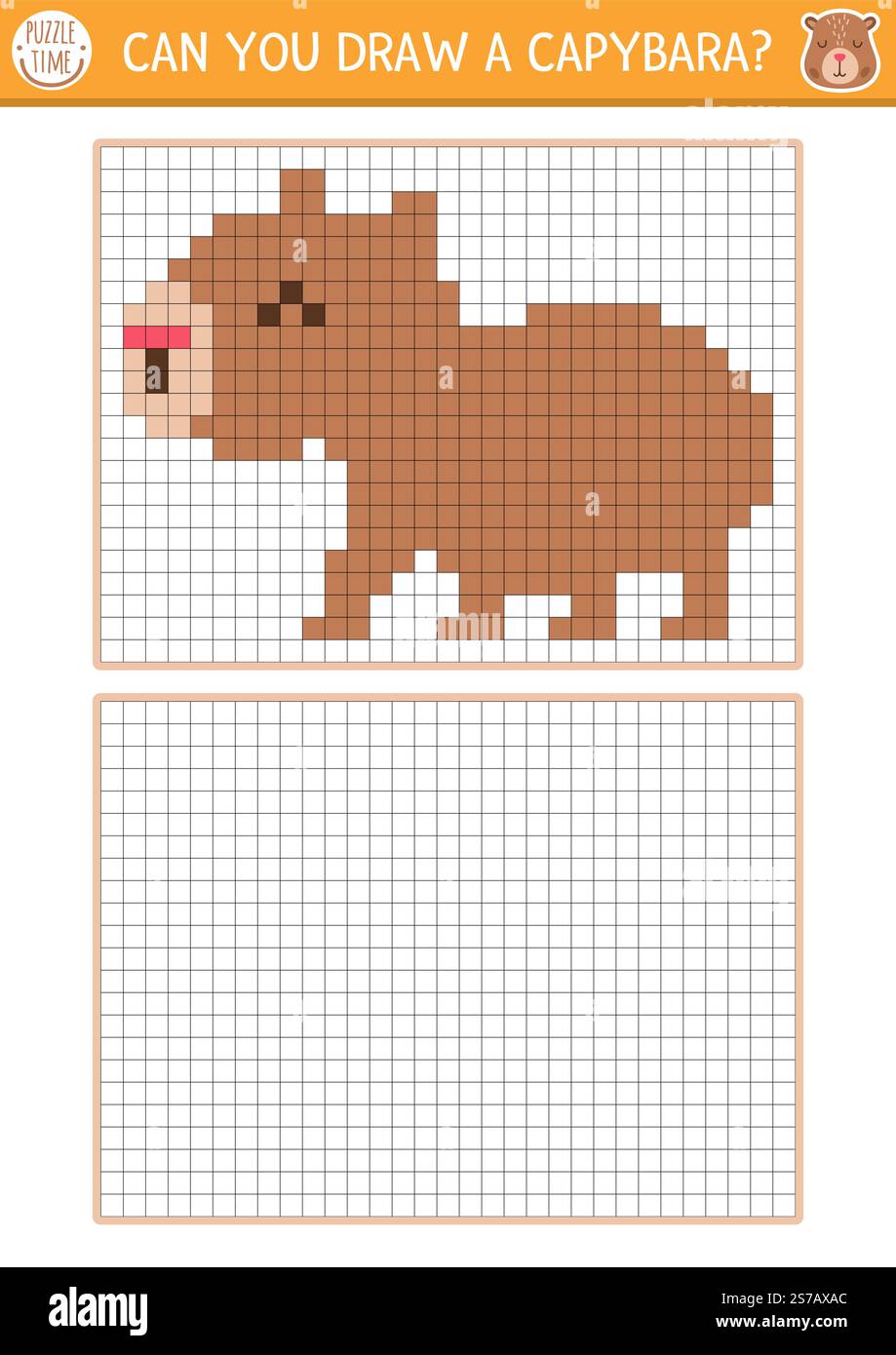 Dessinez le capybara par grille de pixels. Feuille de travail de pratique de dessin vectoriel avec animal mignon. Activité imprimable en noir et blanc pour les enfants. Copier le col. Image Illustration de Vecteur