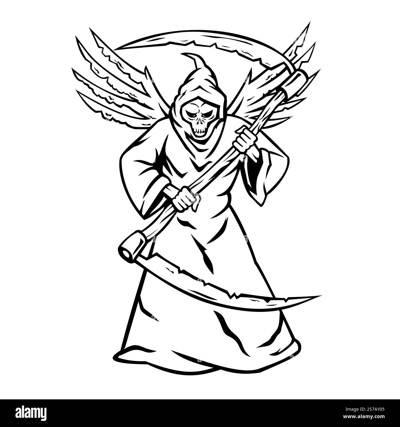 Illustration mascotte de la faucheuse sinistre brandissant une faux double face ou une guillotine volante en position de combat vue de face sur fond isolé Illustration de Vecteur