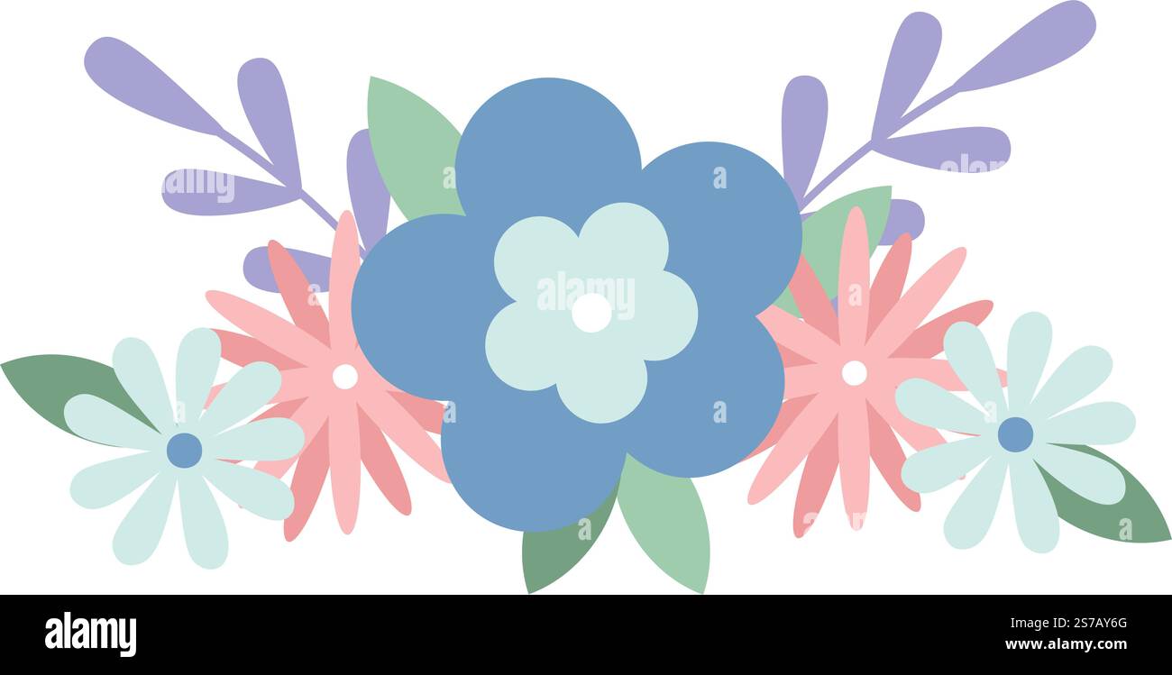 Créer un arrangement magnifique de fleurs et de feuilles stylisées dans des tons pastel doux de bleu, rose et vert, évoquant un atmos joyeux et décoratif Illustration de Vecteur