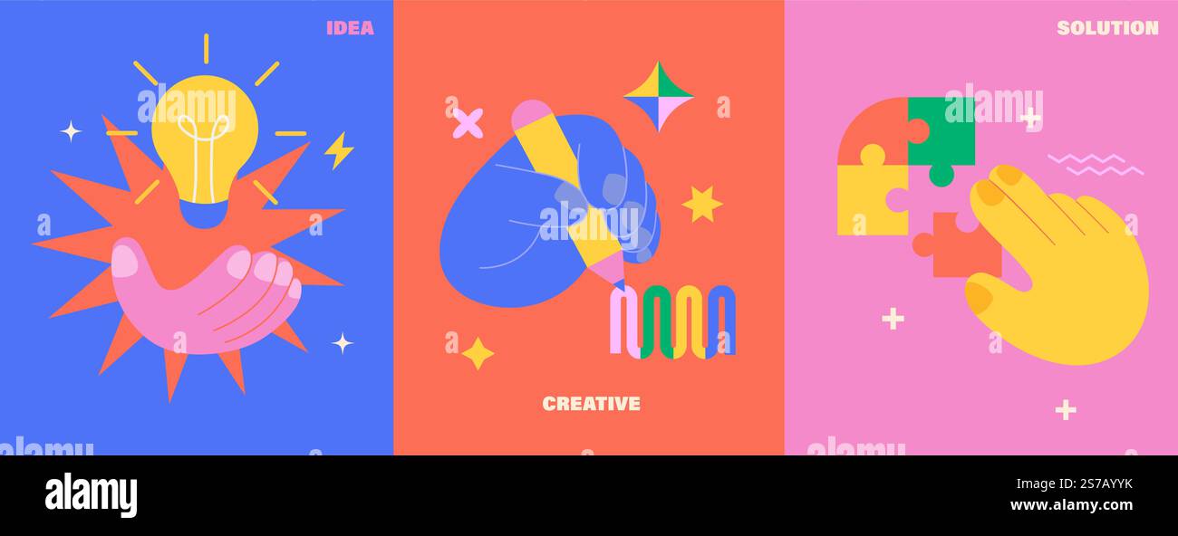 Ensemble de posters lumineux idée, créatif, solution. Illustration de Vecteur