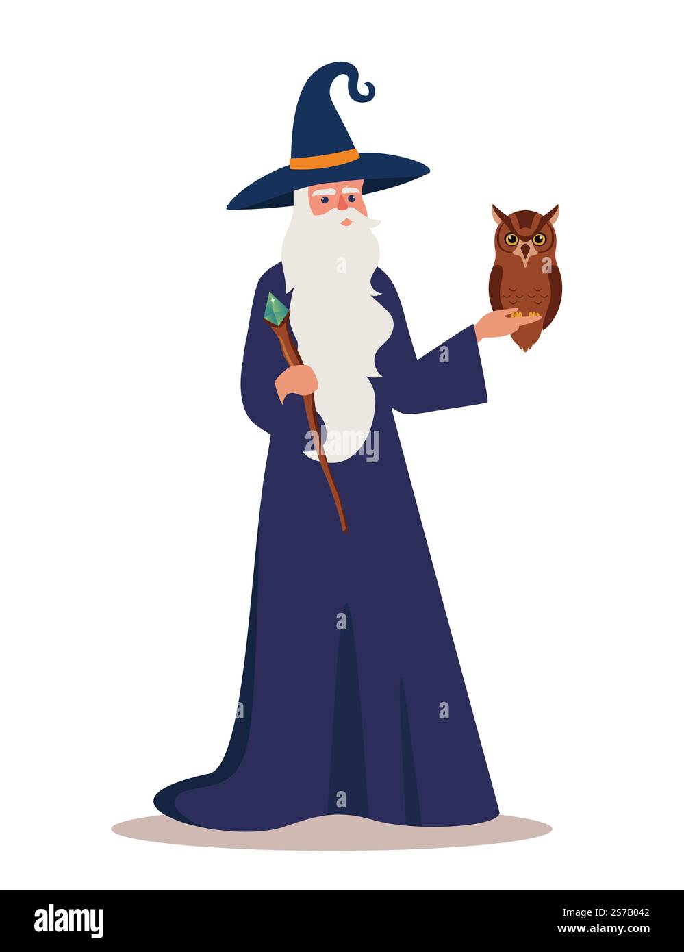 Vieil homme sorcier en robe et chapeaux tenant le personnel et le hibou. Magicien barbu ou sorcier dans le manteau avec baguette magique. Vecteur Illustration de Vecteur
