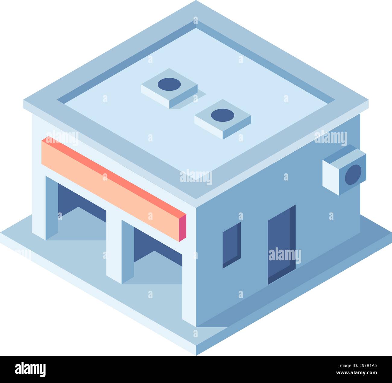 Bâtiment minimaliste isométrique avec deux portes de garage, un panneau vierge pour la personnalisation, des unités de climatisation sur le toit et sur un mur latéral, REPRESI Illustration de Vecteur
