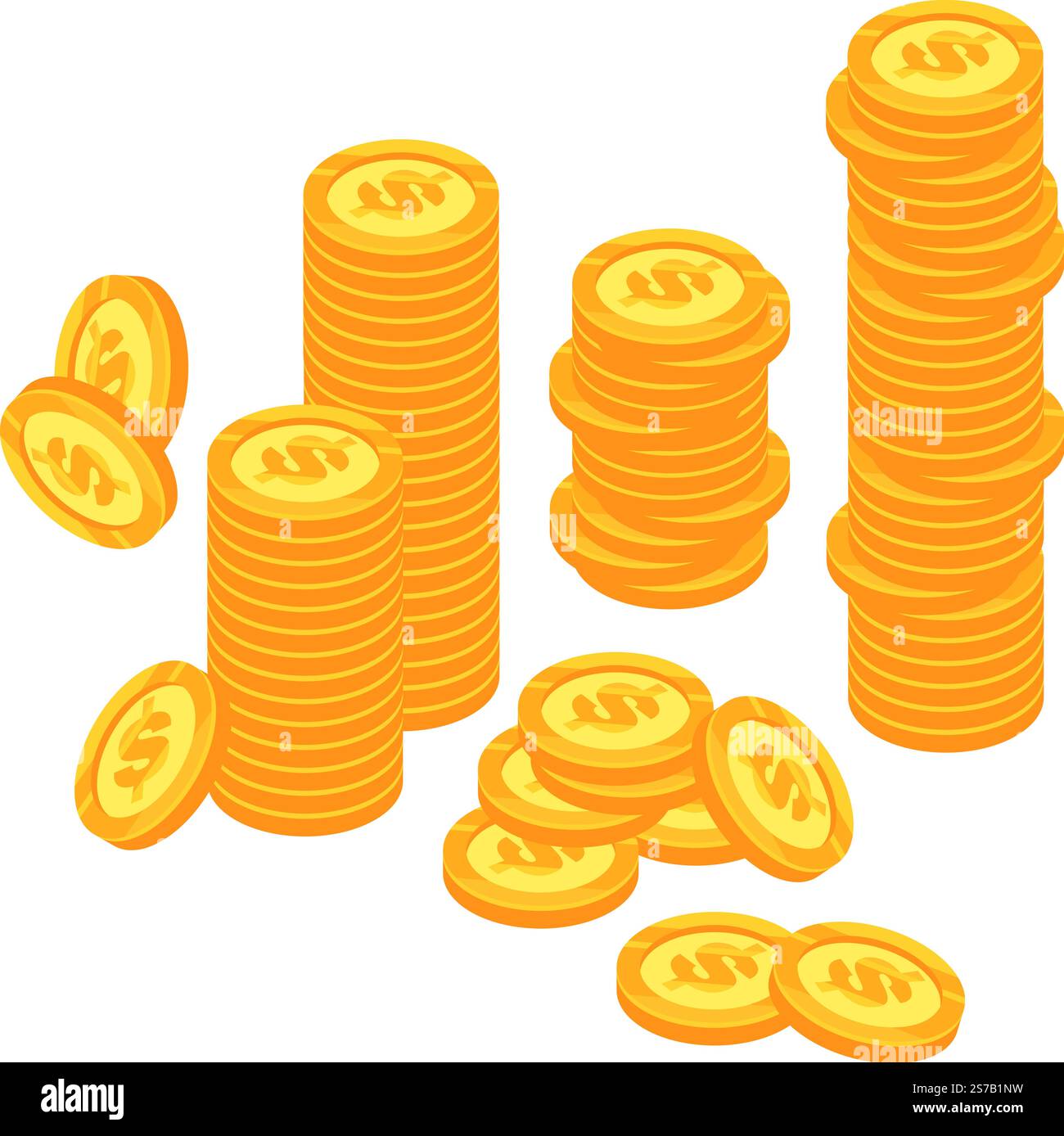 Piles de pièces d'or comportant des signes du dollar montant vers le haut, symbolisant les concepts de gagner, d'épargner et d'accumuler la richesse, le profit et la finance Illustration de Vecteur