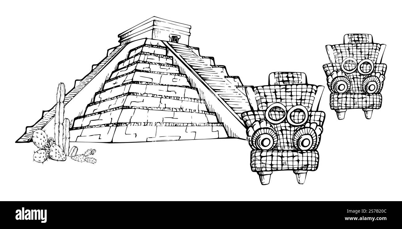 Mésoamérique Aztèque monument antique égyptien, ruines pyramidales site du patrimoine, cactus, divinité religieuse sculptée. Illustration vectorielle d'encre dessinée à la main. Isolé Illustration de Vecteur