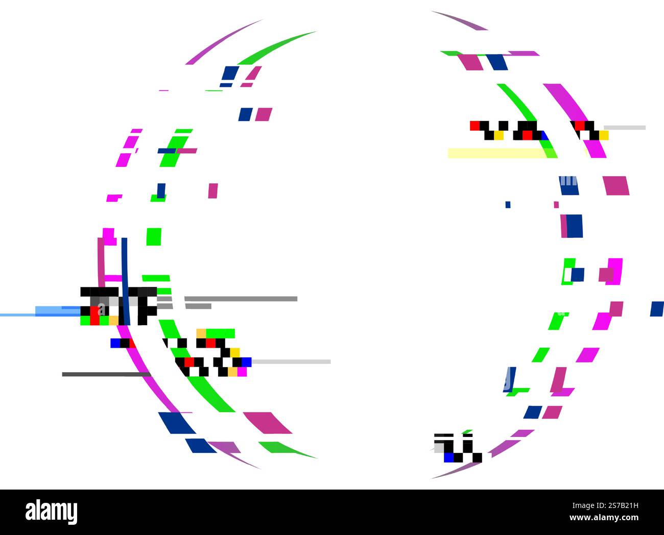 Effet de tri de pixels créant des formes circulaires abstraites colorées avec des défauts et des distorsions sur un fond blanc propre, idéal pour l'art numérique, grap Illustration de Vecteur