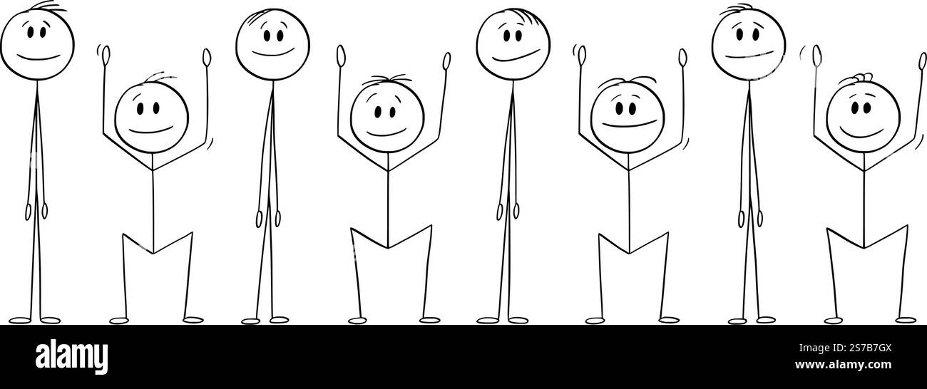 Ligne inclinable de personnes dans la pose debout et accroupie, figure de bâton de dessin animé vectoriel ou illustration de personnage. Illustration de Vecteur