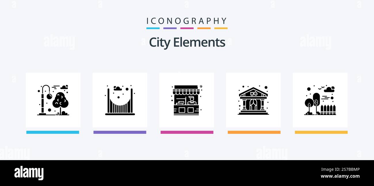 City Elements Glyph 5 Icon Pack incluant CityScape. bâtiment. calage. bâtiment. afficher. Création d'icônes créatives Illustration de Vecteur