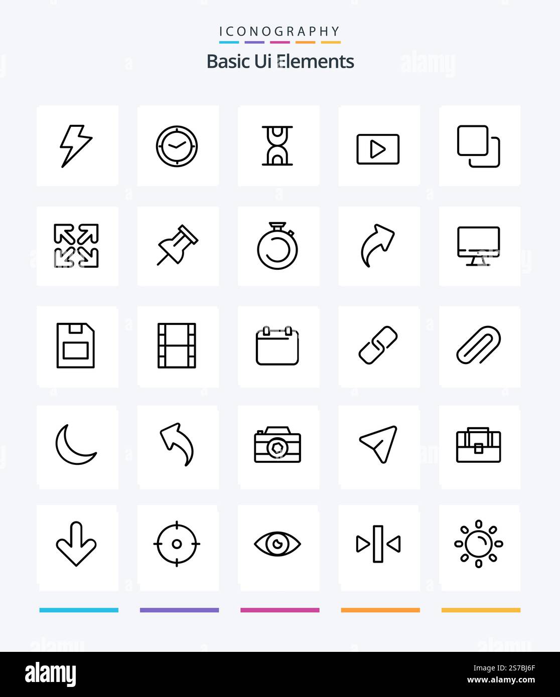 Pack d'icônes de contour Creative Basic UI Elements 25, par exemple pile. médias. heure. quatre. vidéo Illustration de Vecteur