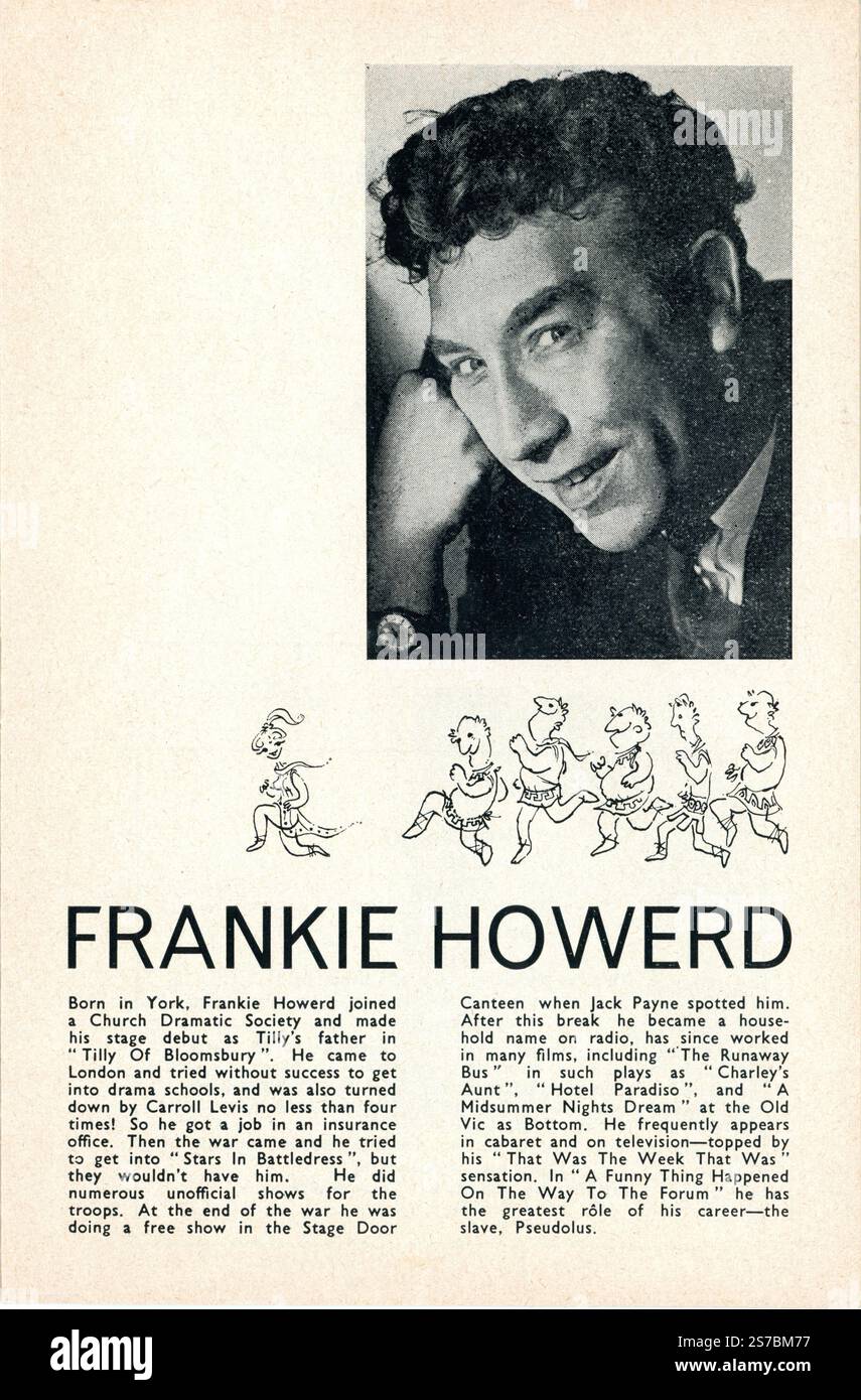 Page intérieure du programme pour la production originale de la scène londonienne avec FRANKIE HOWERD dans A FUNNY THING HAPPEN ON THE WAY TO THE FORUM Director GEORGE ABBOTT une comédie musicale basée sur les pièces du livre de Plautus Burt Shevelove et Larry Gelbart musique et paroles Stephen Sondheim décor et costumes Tony Walton a joué pour la première fois au Strand Theatre le jeudi 3 octobre 1963 Banque D'Images