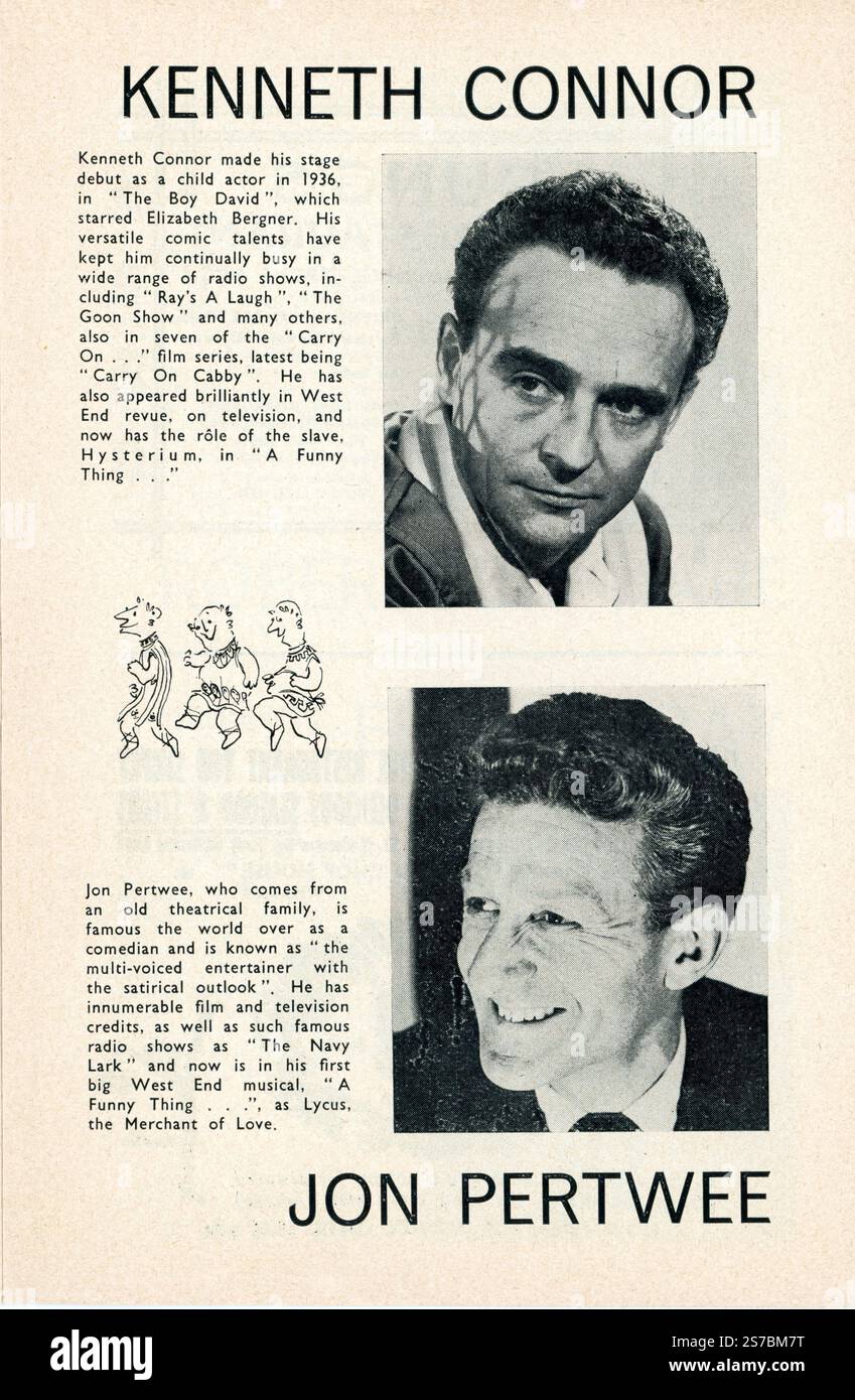 Page intérieure du programme pour la production originale de la scène londonienne avec KENNETH CONNOR et JON PERTWEE dans A FUNNY THING HAPPEN ON THE WAY TO THE FORUM Director GEORGE ABBOTT une comédie musicale basée sur les pièces du livre de Plautus Burt Shevelove et Larry Gelbart musique et paroles Stephen Sondheim décor et costumes Tony Walton a joué pour la première fois au Strand Theatre le jeudi 3 octobre 1963 Banque D'Images