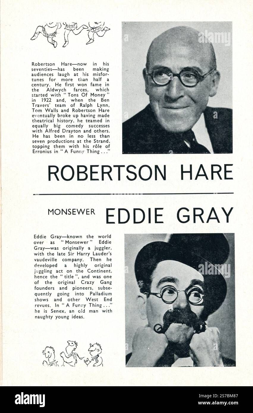 Page intérieure du programme pour la production originale de la scène londonienne avec ROBERTSON HARE et ''MONSEWER'' EDDIE GRAY dans A FUNNY THING EST ARRIVÉ SUR LE CHEMIN DU directeur du FORUM GEORGE ABBOTT une comédie musicale basée sur les pièces du livre de Plautus Burt Shevelove et Larry Gelbart musique et paroles Stephen Sondheim décor et costumes Tony Walton a joué pour la première fois au Strand Theatre le jeudi 3 octobre 1963 Banque D'Images