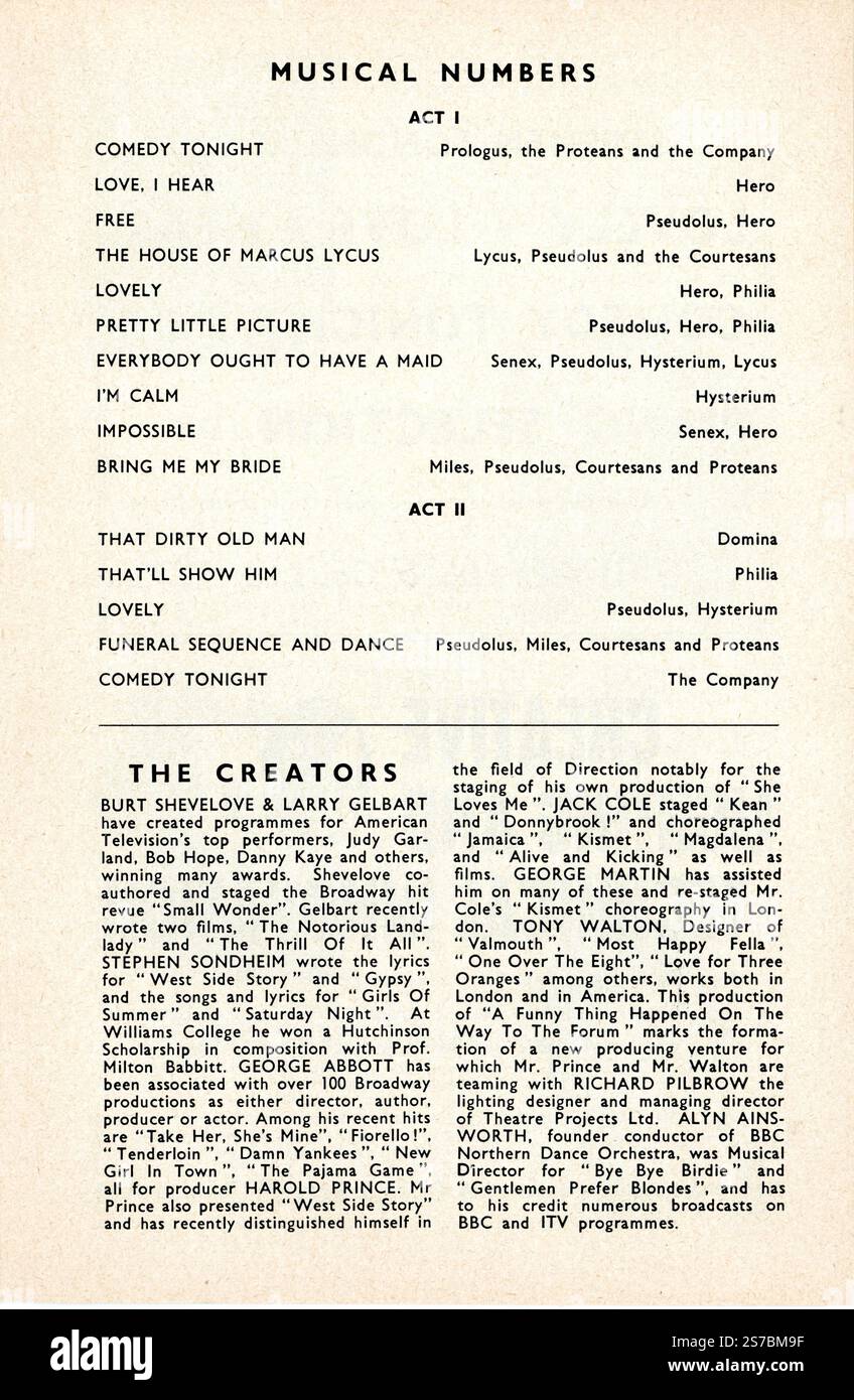 Page intérieure du programme avec détails des numéros musicaux pour la production originale de la scène londonienne avec FRANKIE HOWERD KENNETH CONNOR ROBERTSON HARE JON PERTWEE et ''MONSEWER'' EDDIE GRAY in A FUNNY THING HAPPEN ON THE WAY TO THE FORUM Director GEORGE ABBOTT une comédie musicale basée sur les pièces du livre de Plautus Burt Shevelove et Larry Gelbart musique et paroles Stephen Sondheim décor et costumes Tony Walton A joué pour la première fois au Strand Theatre le jeudi 3 octobre 1963 Banque D'Images