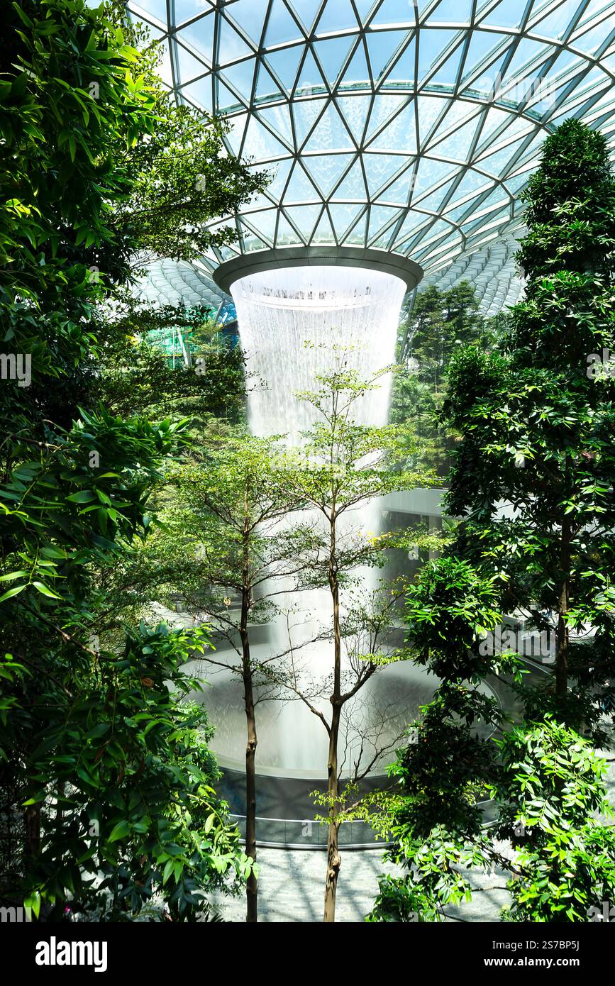 La vallée forestière et la cascade à l'intérieur du bijou, aéroport de Changi, Singapour, Asie Banque D'Images
