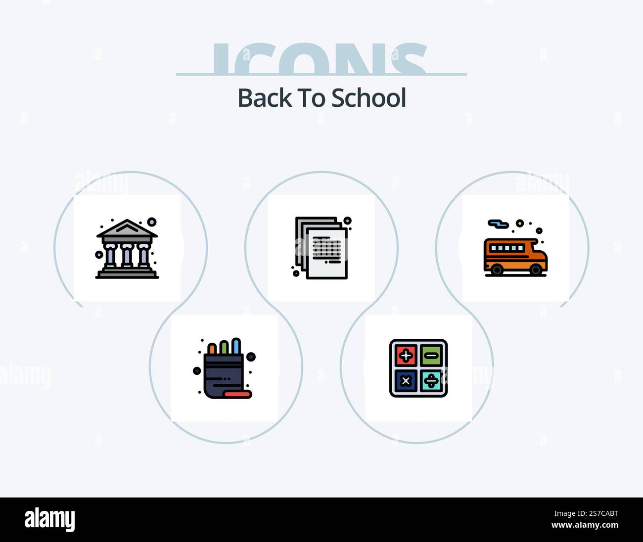 Retour à l'école ligne remplie Icon Pack 5 Icon Design. éducation. musique. école. tennis. raquette Illustration de Vecteur