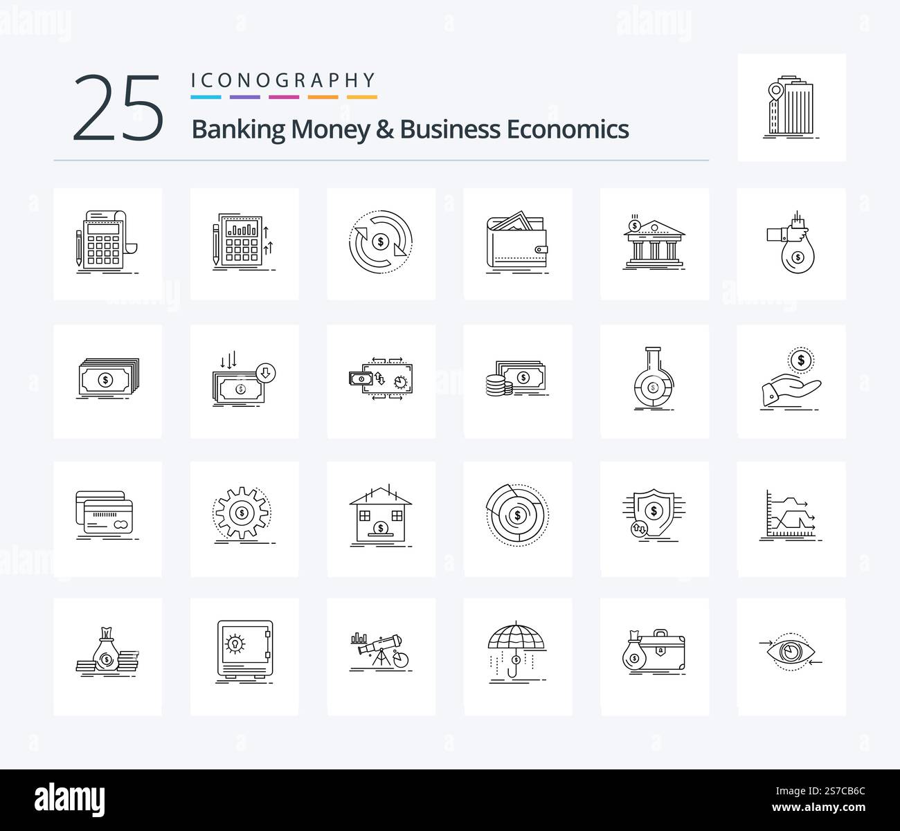 Banque d'argent et économie d'entreprise 25 packs d'icônes comprenant les services bancaires. architecture. marché. porte-monnaie. argent Illustration de Vecteur
