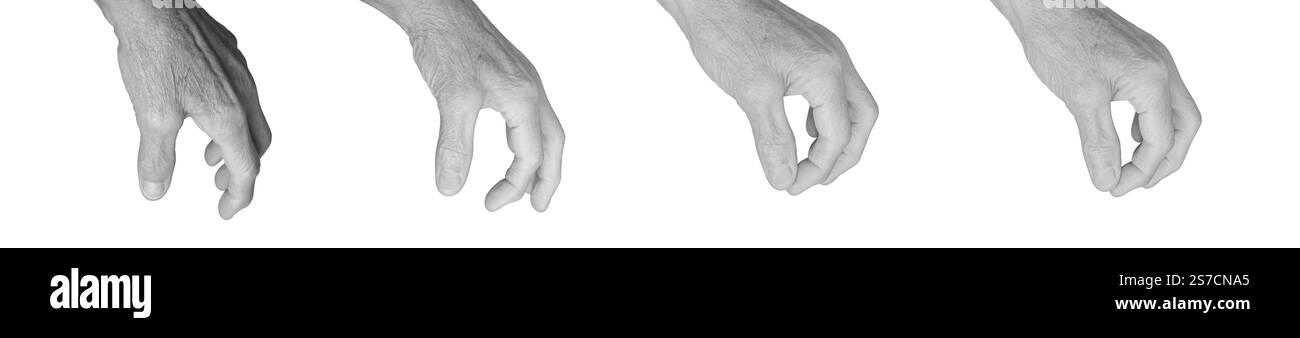 Main de femme âgée pincant avec le pouce et l'index, geste comme si elle tenait ou saupoudrait quelque chose de petit et invisible, peau ridée en gris Banque D'Images