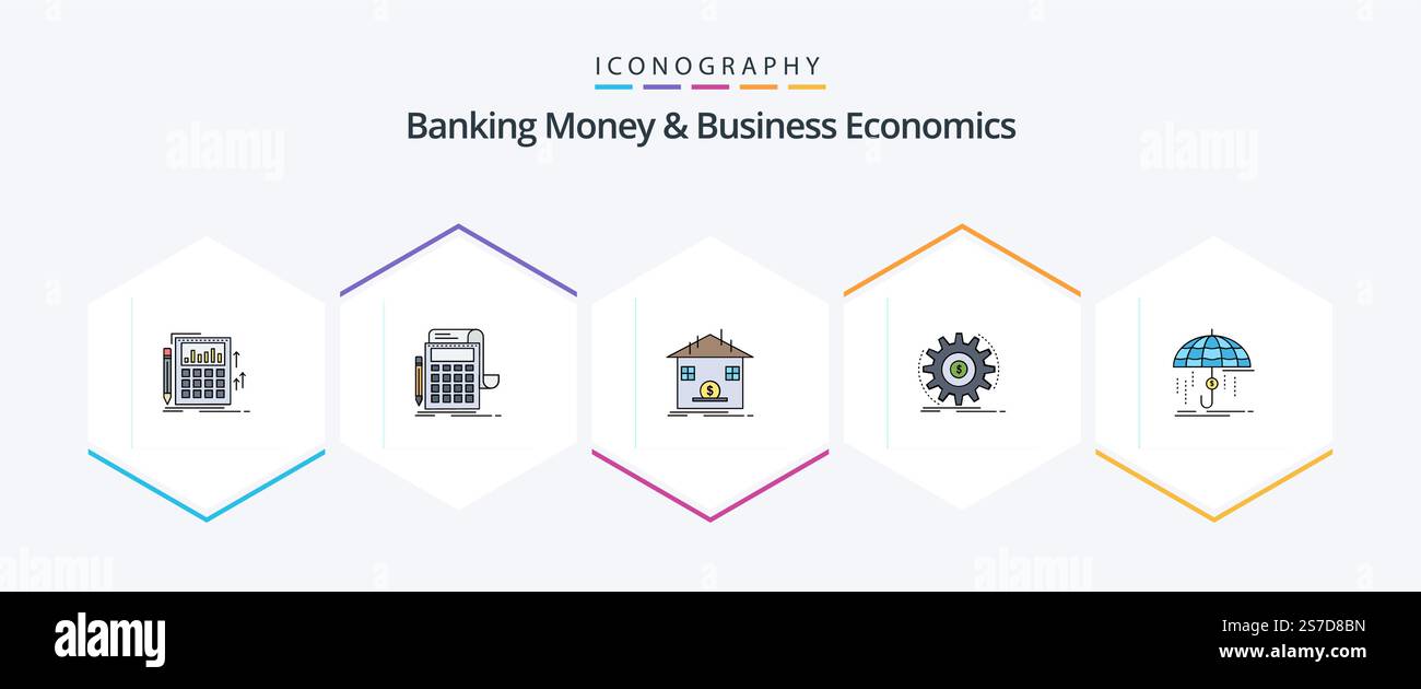 Banque d'argent et économie d'entreprise 25 Pack d'icônes FilledLine incluant l'assurance. finances. remboursement. argent. revenu Illustration de Vecteur