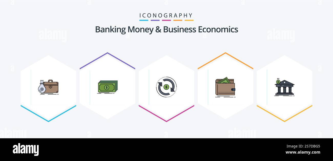 Banque d'argent et économie d'entreprise 25 Pack d'icônes FilledLine comprenant de l'argent. espèces. fonds. argent. débit Illustration de Vecteur