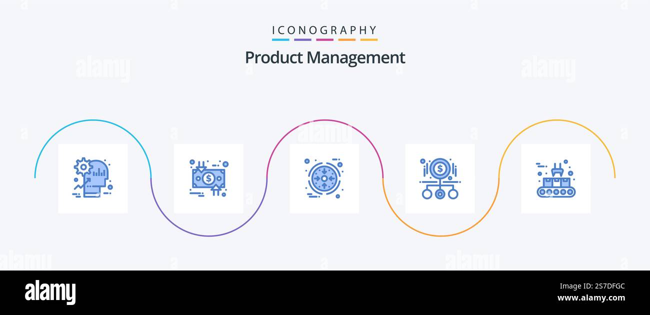 Pack icône 5 bleu de gestion de produit avec paiement. agrandissement. dollar. espèces. traitement Illustration de Vecteur
