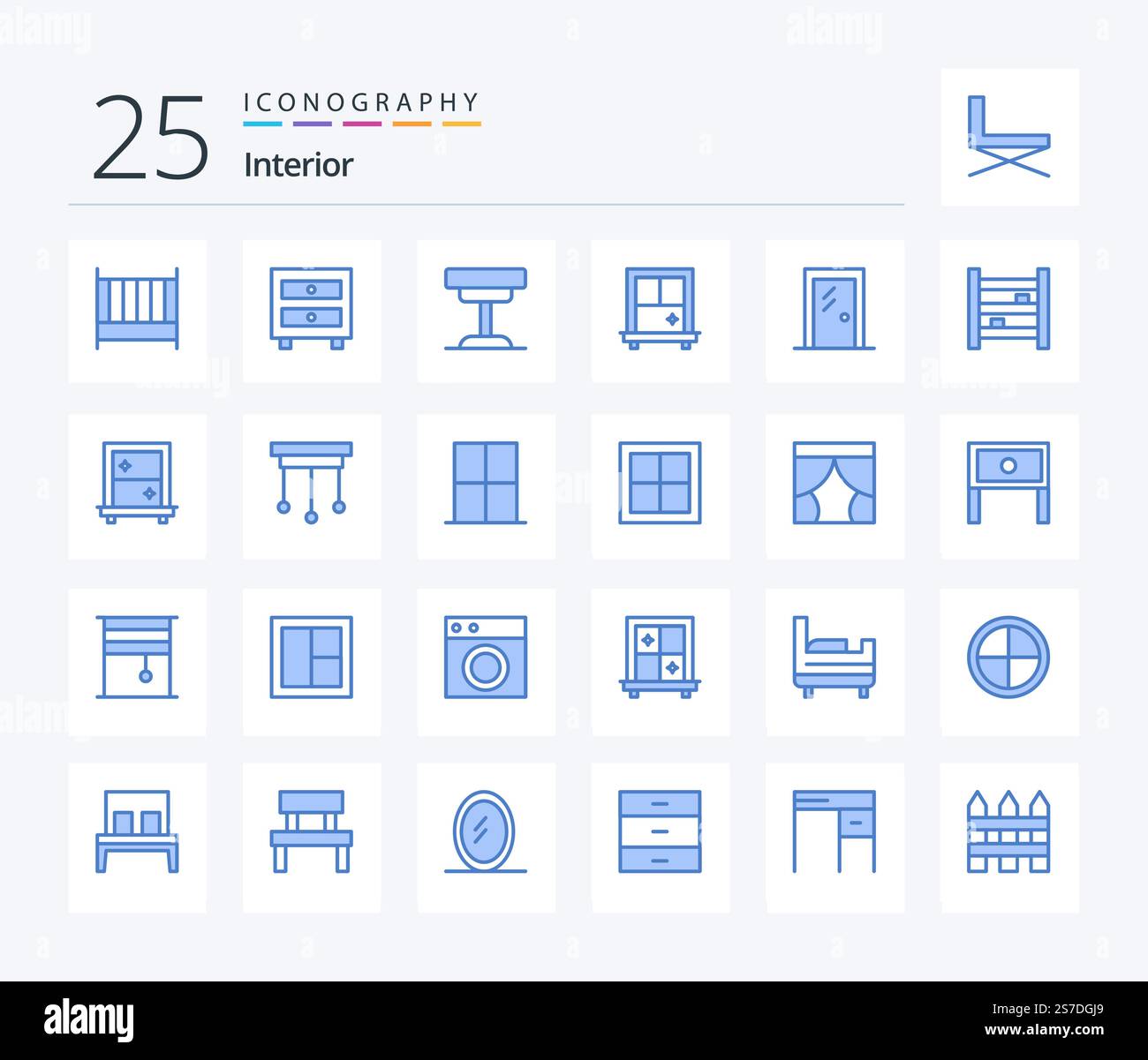 Pack intérieur 25 icônes de couleur bleue avec intérieur. porte vitrée. décor. porte. tableau Illustration de Vecteur