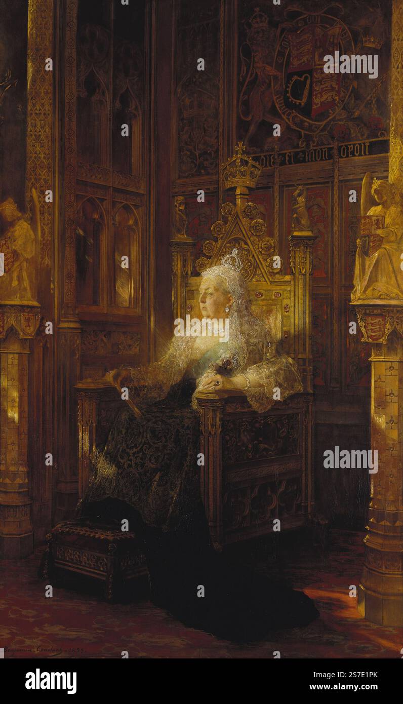 La reine Victoria est représentée assise sur le trône de Pugin dans la chambre des Lords du Palais de Westminster. - JEAN-JOSEPH-BENJAMIN CONSTANT (1845-1902) Reine Victoria (1819-1901) signé et daté 1899 Banque D'Images