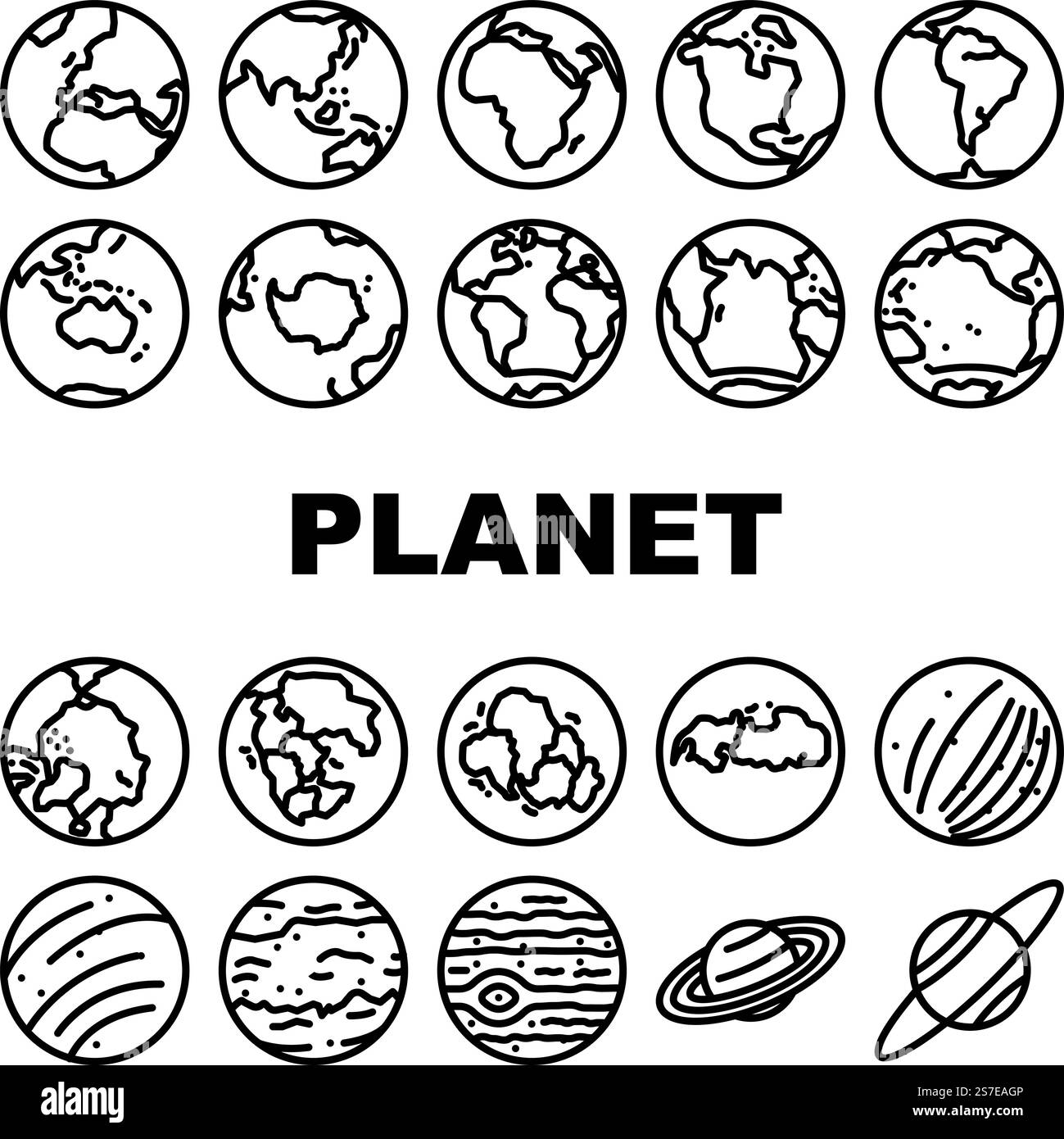vecteur d'ensemble d'icônes de planète du monde de la terre. carte globale, sphère graphique, écologie de l'environnement, nature verte, éco continent terre monde globe planète planète noir illustrations de contour. vecteur d'ensemble d'icônes de planète du monde de la terre Illustration de Vecteur