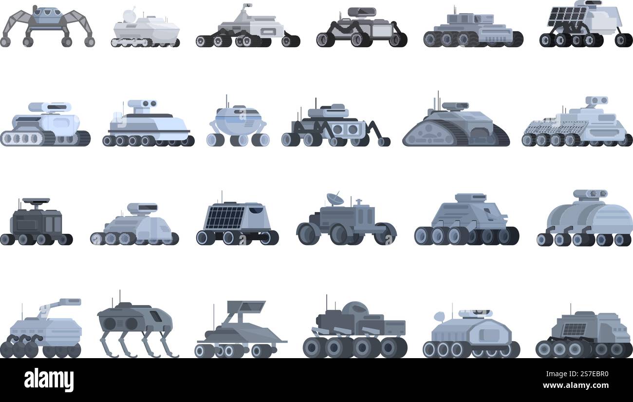 La robotique dans les icônes spatiales définissent le vecteur de dessin animé. Espace machine. Robot planétaire. La robotique dans les icônes spatiales définissent le vecteur de dessin animé. Espace machine Illustration de Vecteur